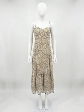 Floral Lace-Trim Beige Slip Dress with Spaghetti Straps